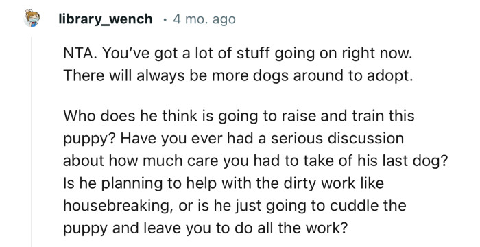 “NTA. You’ve got a lot of stuff going on right now. There will always be more dogs around to adopt.”