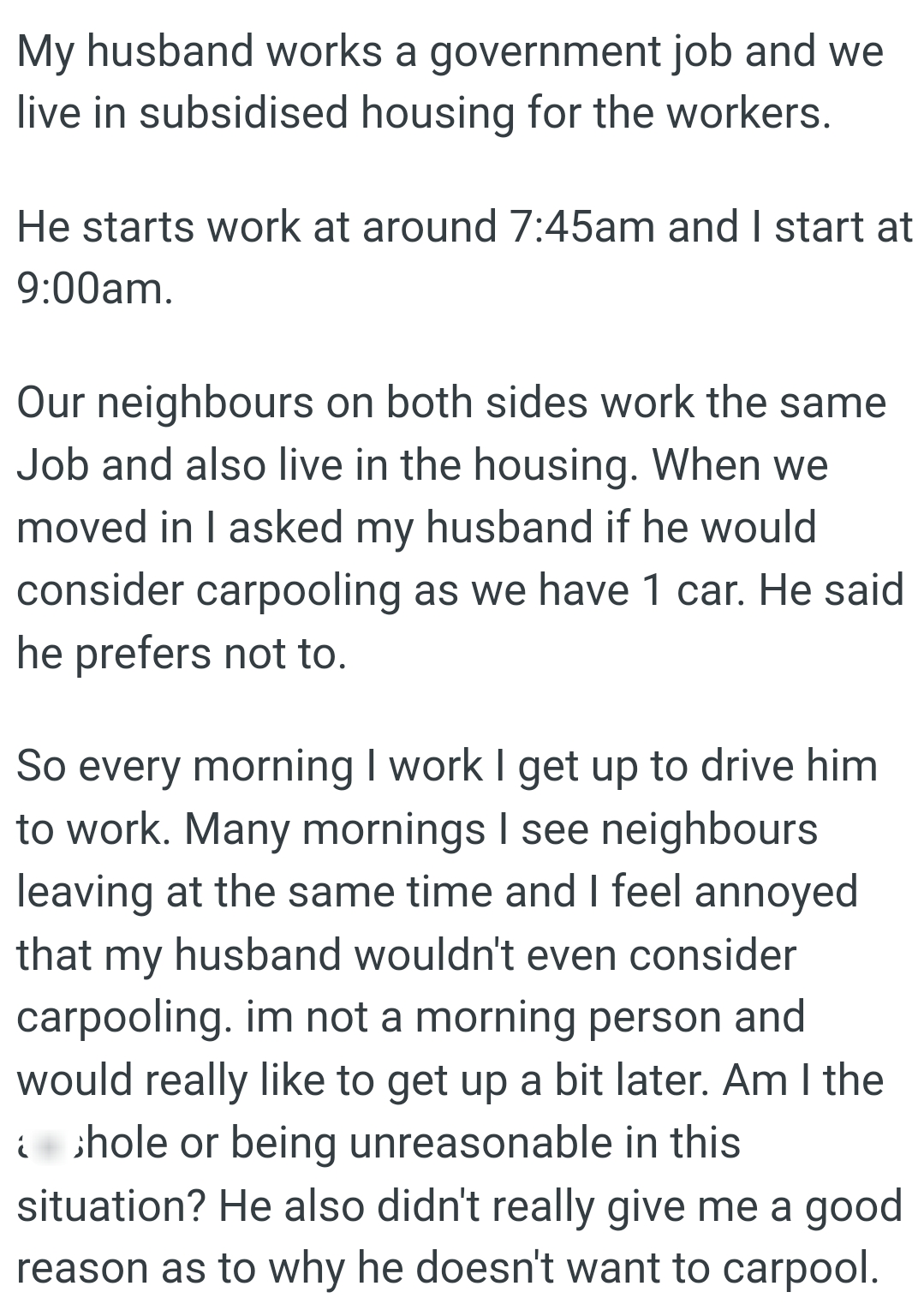 Many mornings, the OP sees neighbors leaving at the same time, and she feels annoyed