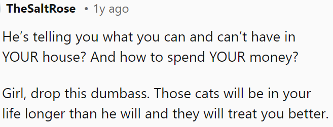 OP should dump him; those cats will be with her longer and treat her better.
