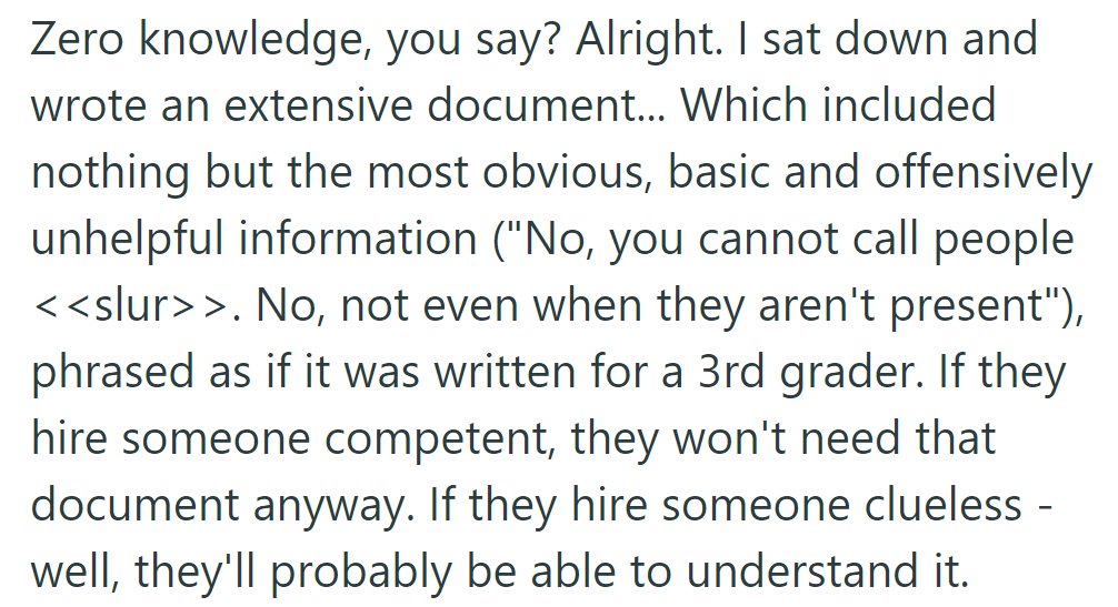 OP wrote a deliberately basic document for the replacement, covering only obvious rules to mock the situation's absurdity.