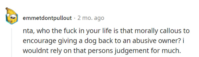 Anyone advocating for a dog's return to abuse isn't the best judge of character. They should trust their instincts and stand their ground.