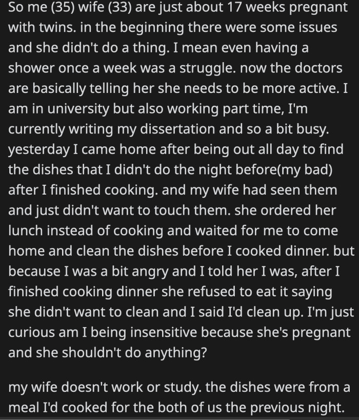 OP felt guilty for having ill feelings towards his wife when she is pregnant with twins