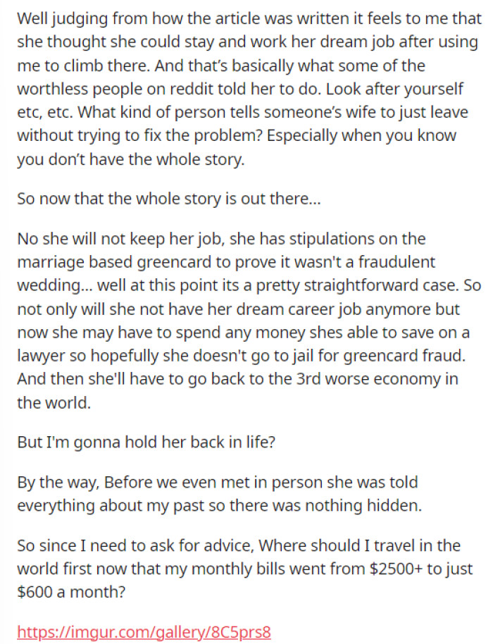 The conclusion of his post clearly reflects his perspective and how he perceived the post on Reddit.