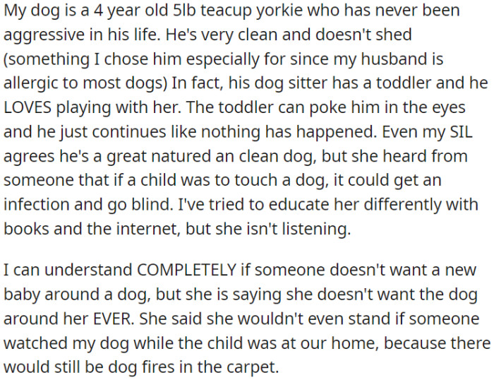 OP's Yorkie is not welcome around her SIL's child due to unfounded infection concerns.