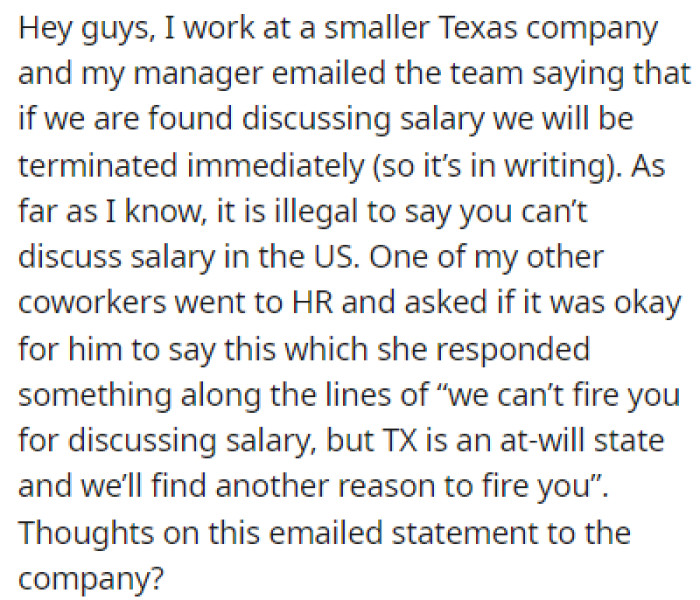 OP's boss sent out an email to their team, saying that discussing salaries would result in termination