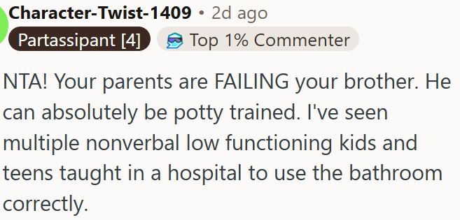 Parents neglecting to potty train their disabled son despite it being possible.
