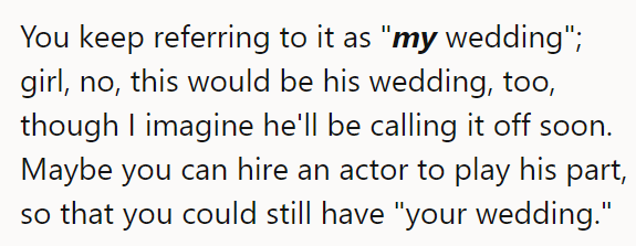 A Redditor added it's not just 'her' wedding, it's the fiancé's wedding also