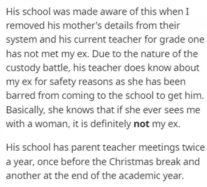 OP made sure that the school knew he was Nathan's sole parent since his mother lost the custody battle