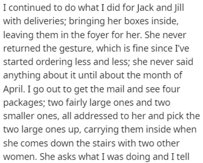 OP continued the tradition of bringing in packages that he had with his past neighbors