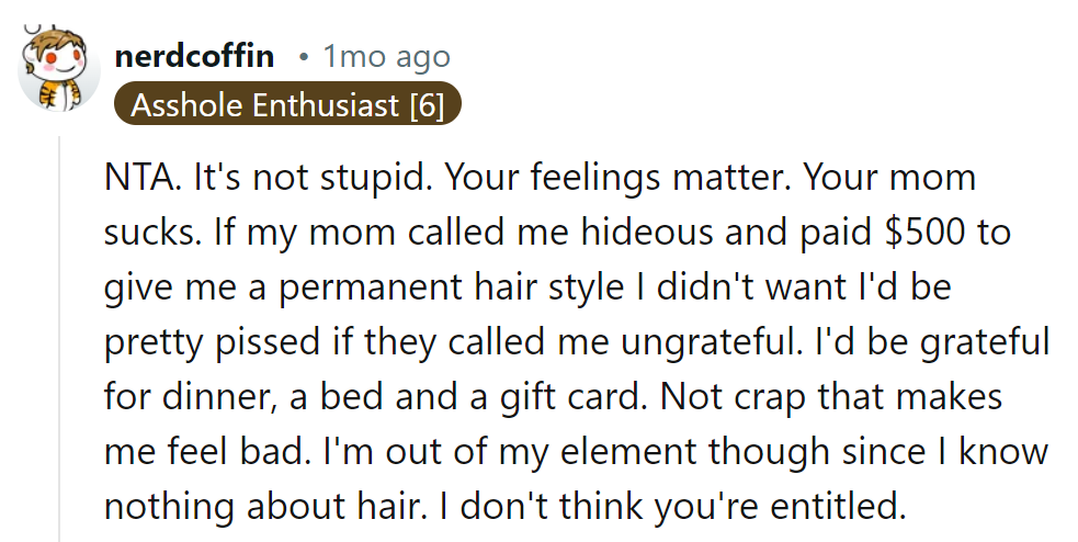 Mom's hair drama? Not exactly a gift card moment.