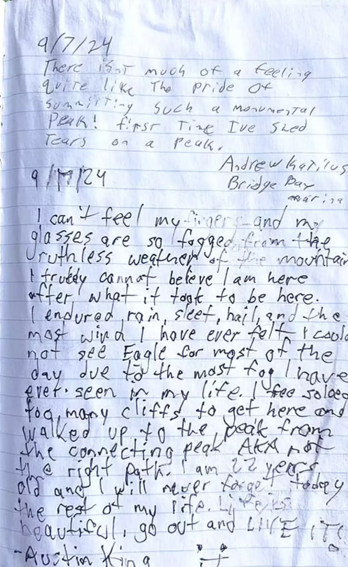 After reaching the summit, King called his mother, Pandora King, and his oldest friend, Desmond McGroarty, sharing his excitement about the achievement.