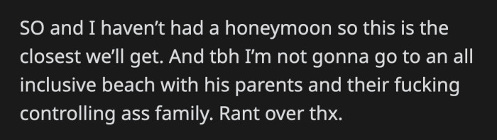 She even asked OP's mom if they had already confirmed their flights because it would be such a shame if OP and her family weren't there to greet her sister's family. There was no way OP was giving up the Mexico trip to spend time with her MIL.