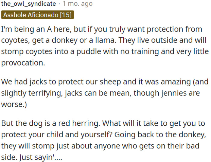 If OP wants real coyote protection, she needs to get a donkey or llama; they'll naturally fend off coyotes without much training.