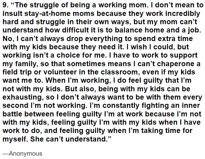 Struggle of a working mom balancing work and family obligations.