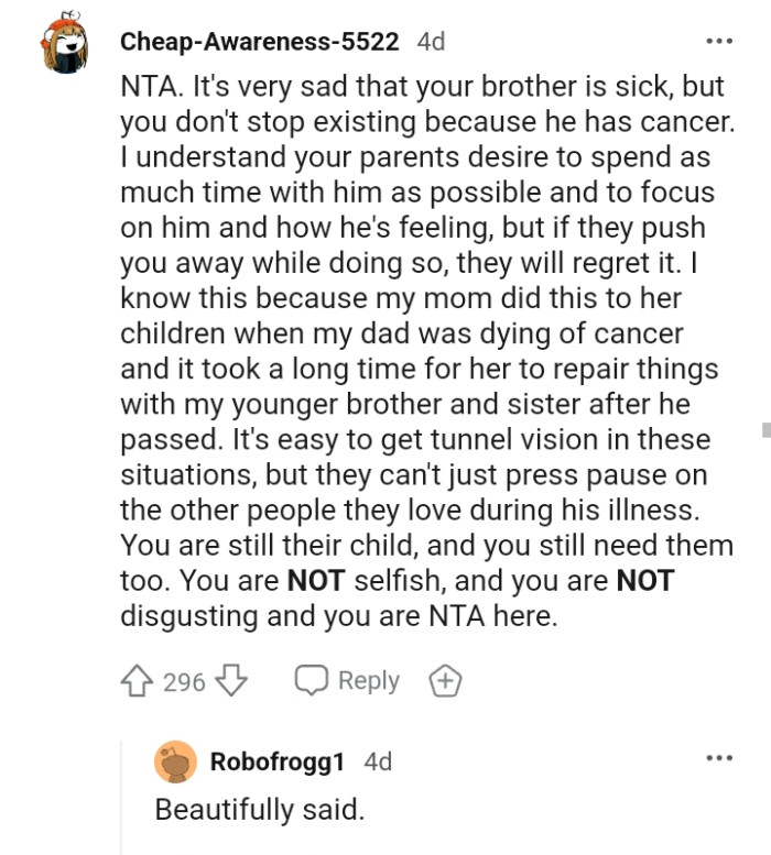 The OP is not selfish, nor is she disgusting