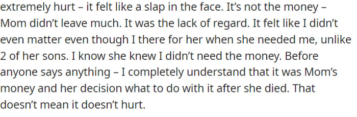 OP was deeply hurt and felt disregarded when their mother excluded them from her will, despite being there for her when she needed support, unlike two of their brothers.