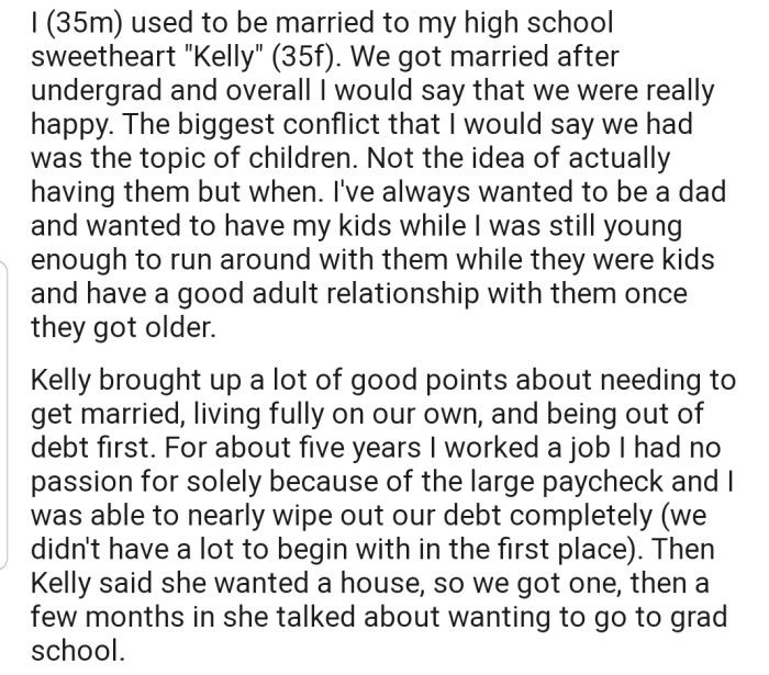 OP was more focused on having kids and raising a family, while his wife was more career-driven and preferred to delay having kids