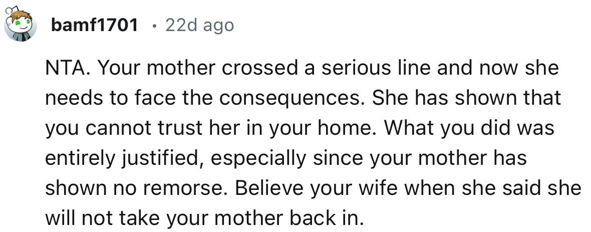 “NTA. Your Mother Crossed a Serious Line and Now She Needs to Face the Consequences.”