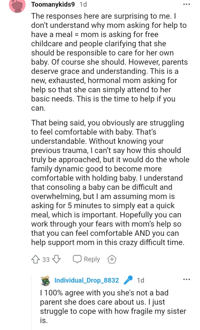 The OP is obviously struggling to feel comfortable with the baby