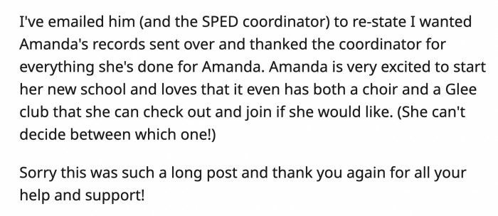 OP thanked the one person who was helpful and requested that Amanda's school records be transferred to her new school.