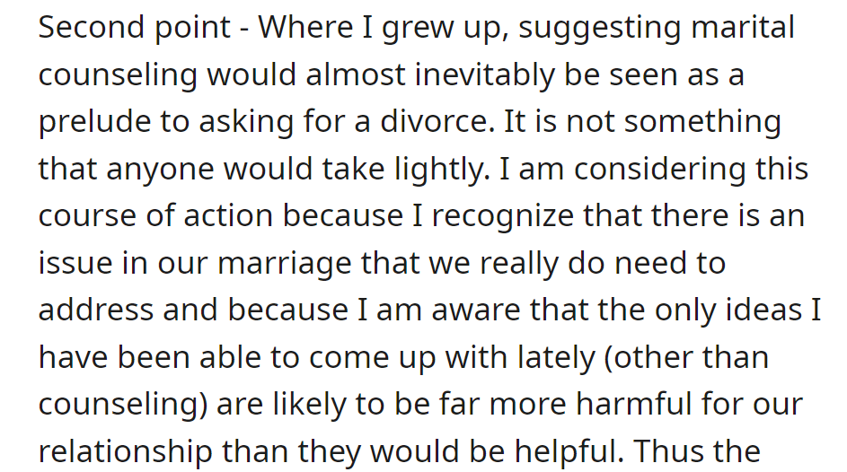 Once implying divorce, counseling is now considered due to recognizing marital issues and the harm of other solutions.