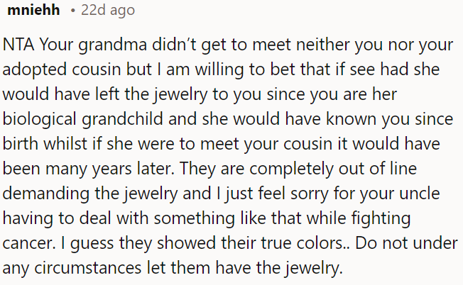 It's unfair for OP's cousin's family to demand it.