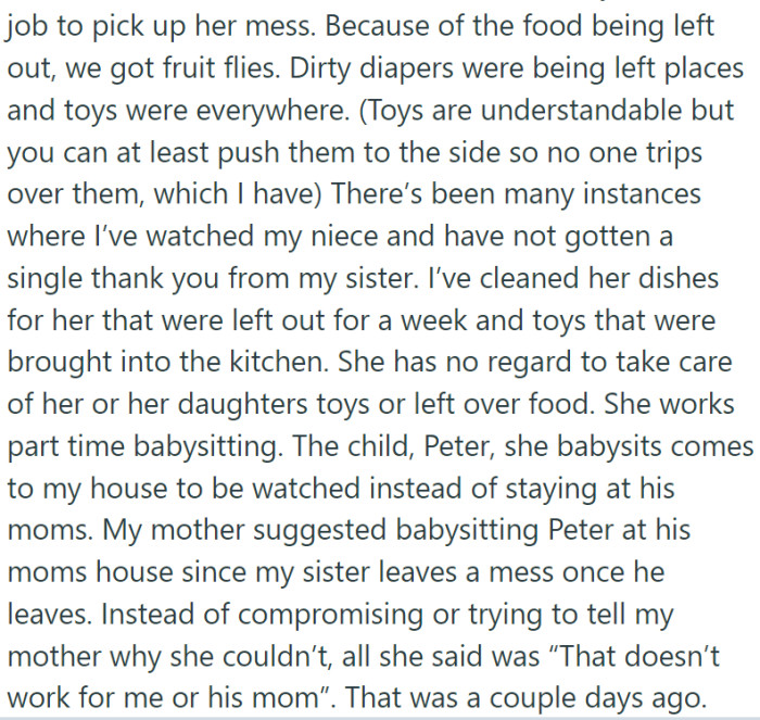 Despite repeated reminders to clean up after herself, the sister continues to be a disruptive presence.