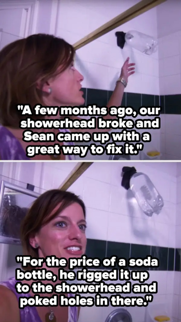 19. A one-minute craft to replace a broken showerhead using disposable soda bottles