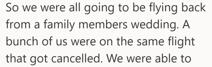 After celebrating a family wedding, the group expected a routine flight home. Instead, a canceled flight forced everyone to quickly adjust their plans.