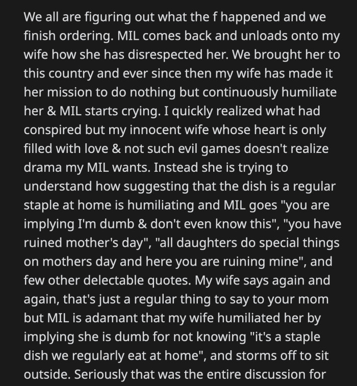 She was probably expecting them to rush to her side and beg for her forgiveness. They didn't take the bait and had a pleasantly uneventful meal.
