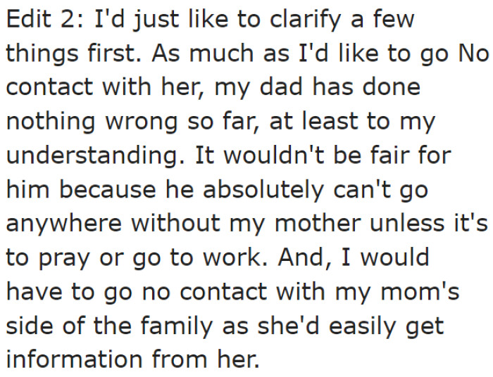 She can't simply cut communication with her mom, as it would be unfair to her dad.