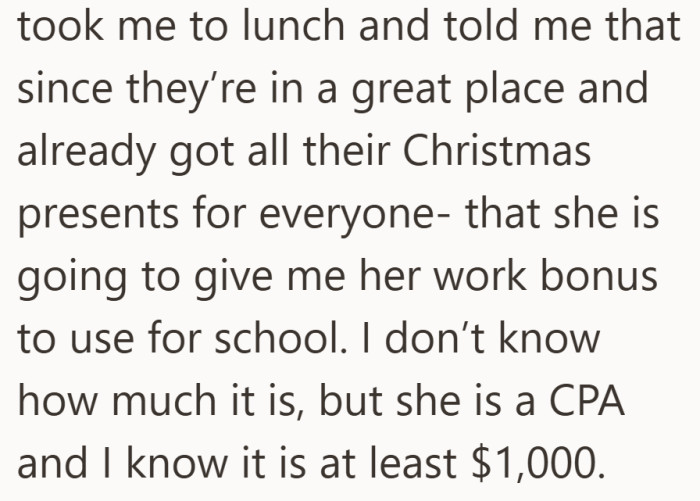 Her aunt surprises her with an unexpected offer to help pay for school.