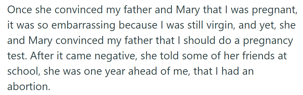 Kyla falsely claims OP is pregnant despite her virginity. After a negative test, Kyla spreads the rumor of abortion at school.