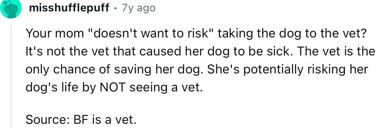“The vet is the only chance of saving her dog. She's potentially risking her dog's life by NOT seeing a vet.”