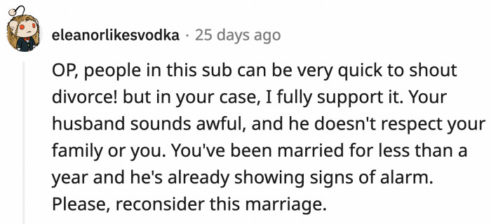 This is an urgent situation, and OP should really reconsider this marriage.