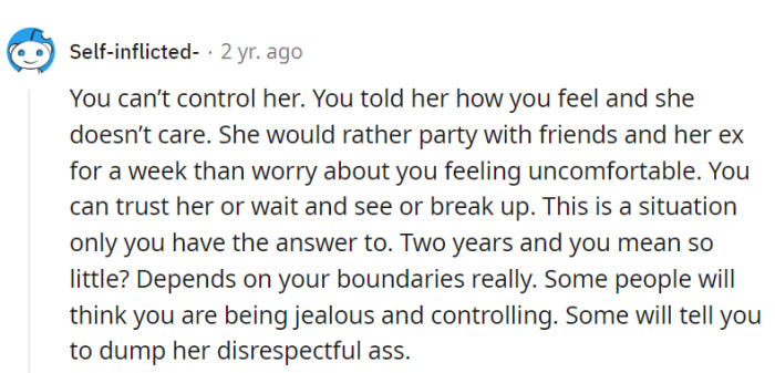 Her actions reveal her priorities, and the decision rests with him.