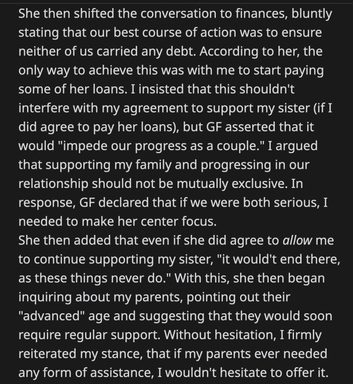 She then dove into her real agenda: she wanted OP to pay off her debts in order for them to continue their future on equal footing.