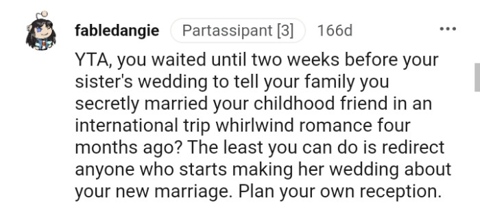 The OP Should Plan His Own Reception Instead of Redirecting the Attention of People Who Came for His Sister's Wedding