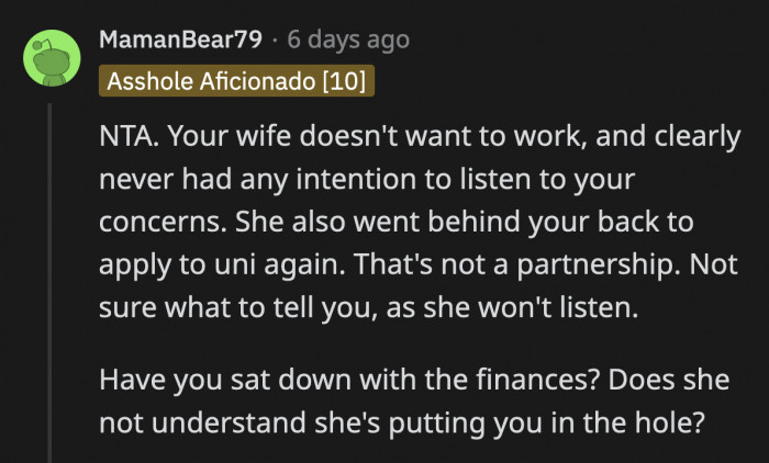 She completely ignores OP's wishes as well as their family's welfare.