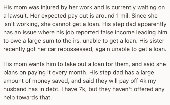 Almost everyone in OP’s husband’s family has some financial issue or the other that prevents them from taking a loan