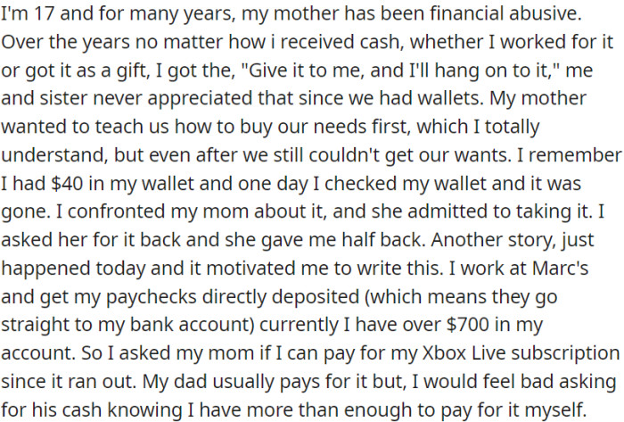 OP, a 17-Year-Old, Has Been Experiencing Financial Abuse from His Mother for Years