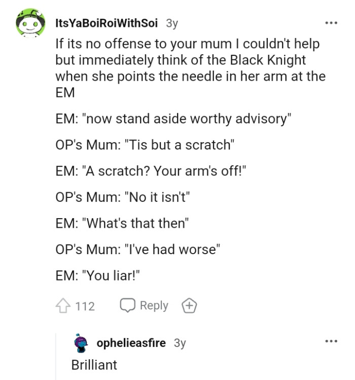 This Redditor couldn't help but think of the Black Knight from Monty Python