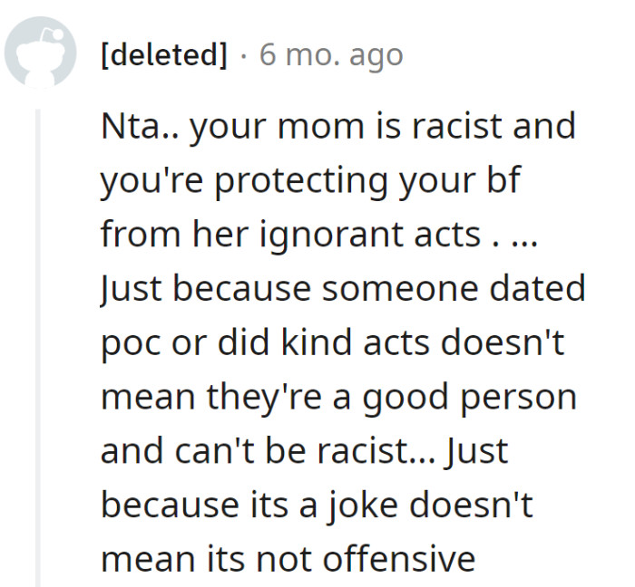 Mom's got a PhD in denial, thinking a dating history and charity work can erase ignorance.