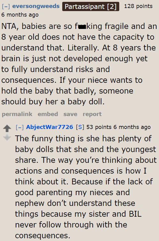 It's common sense not to let a child too young hold a fragile baby. What was the OP's sister thinking?