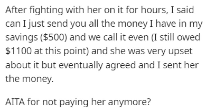 OP ended up paying her $500 to settle his $1,100 debt