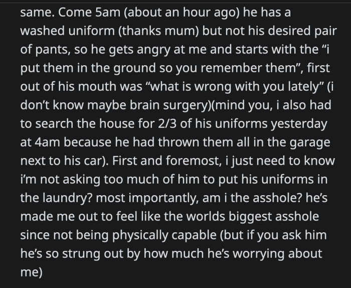 The day before that, he left his clothes in the garage, and OP looked for them until 4 a.m. OP wanted to know if it was unreasonable to ask her partner to put his dirty clothes where they belonged.