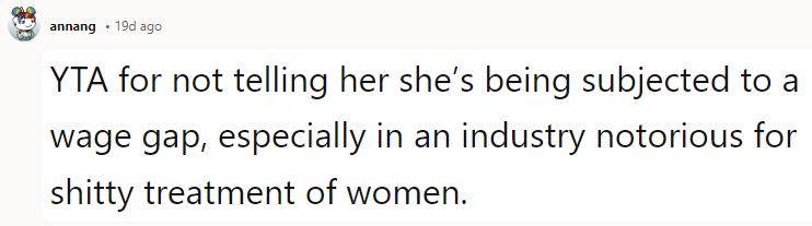 YTA for not telling her she’s being subjected to a wage gap