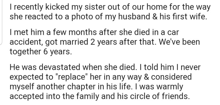 OP's husband had a wife in the past who died in a car accident. Now he and OP have been married for 6 years, as he decided to begin a new chapter in his life
