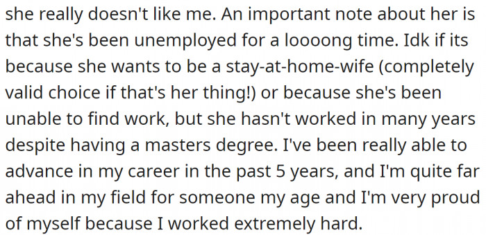 While OP's career is thriving, her ex's wife is unemployed despite having a master's degree.
