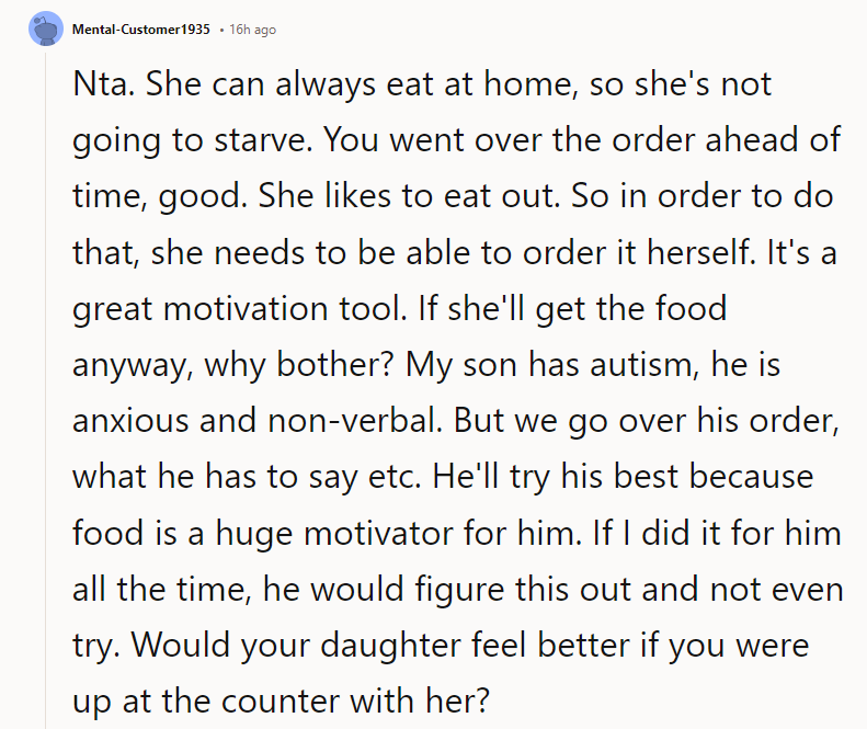 Would your daughter feel better if you were up at the counter with her?